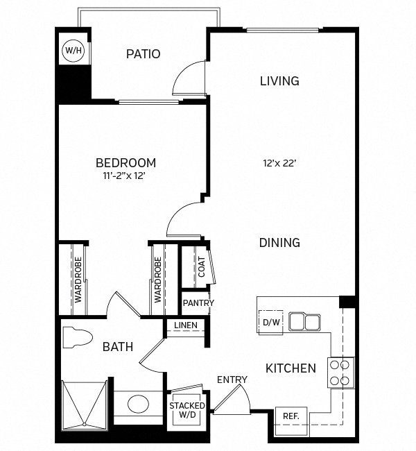 Floor plan for 1 bed, 1 bath, 736 sqft
